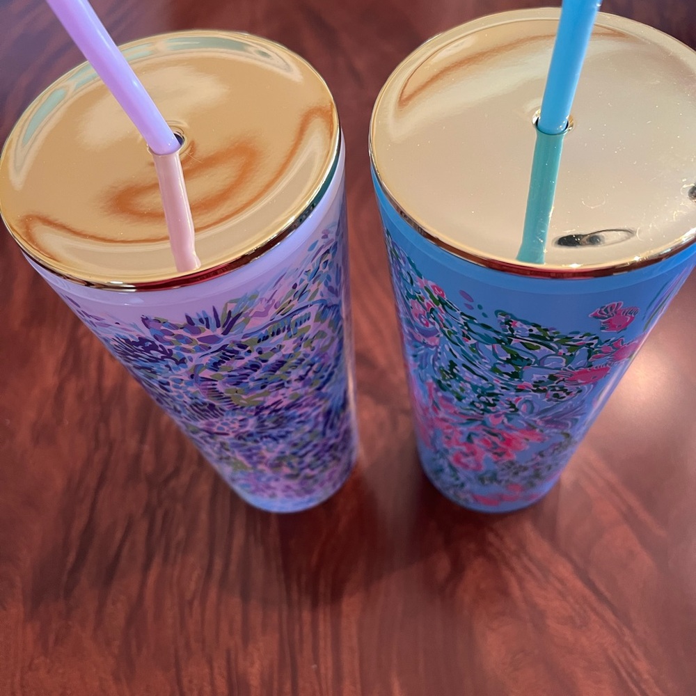 Lilly Pulitzer Blue and Purple Drinkware Set with Floral Design